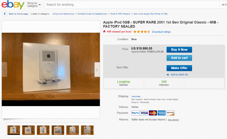 iPod รุ่นแรก สภาพยังไม่แกะกล่อง ถูกวางจำหน่ายบน ebay ในราคาหกแสน !