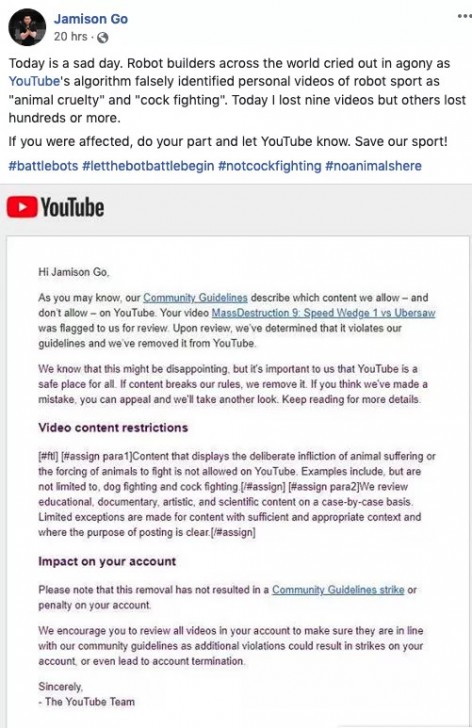 AI ลบวิดีโอกีฬาหุ่นยนต์ต่อสู้บน YouTube เพราะคิดเป็น 'การทารุณกรรมสัตว์'