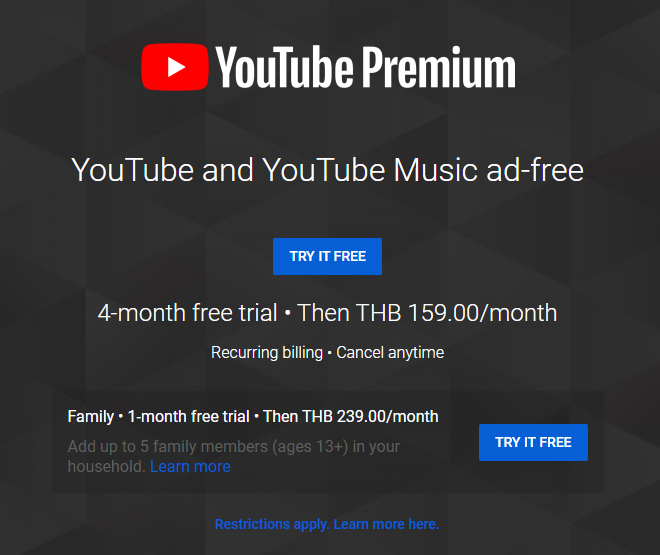 YouTube Premium ให้บริการในไทยแล้ว เริ่มต้น 159 บาท/เดือน ประหยัดกว่าด้วยแพ็คครอบครัว