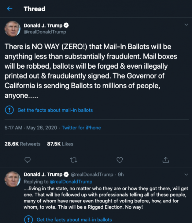 Twitter ติด Fact-Checked บนโพสต์ของ โดนัลด์ ทรัมป์ แนะนำคนเช็คข้อมูลก่อนเชื่อเนื้อหา