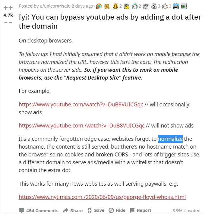 บัคหรือตั้งใจ ! แค่เติม "ดอท" เพิ่มท้ายโดเมน .com ก็ดู YouTube ได้แบบไร้โฆษณา