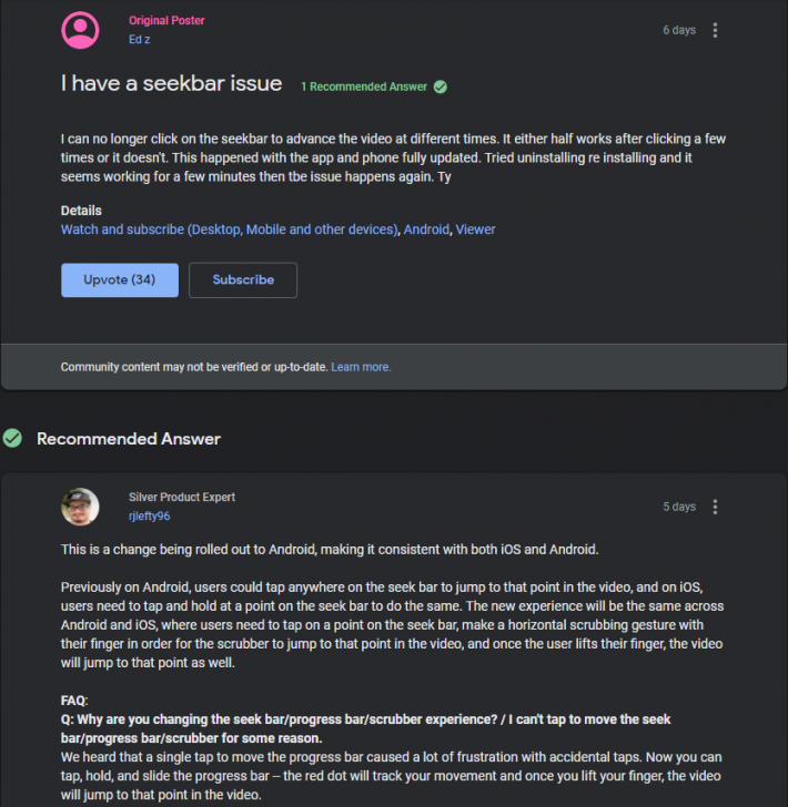 YouTube ยกเลิกการใช้งานฟีเจอร์แตะที่ Seek Bar เพื่อข้ามไปยังช่วงเวลาที่ต้องการแล้ว