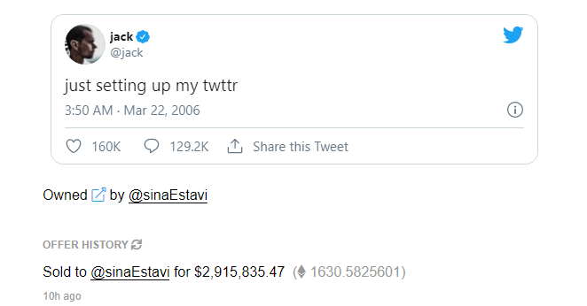 Jack Dorsey ประกาศปิดประมูลทวีตแรกของโลกผ่าน NFT ไปที่ราคาเกือบ 3 ล้านดอลลาร์ !
