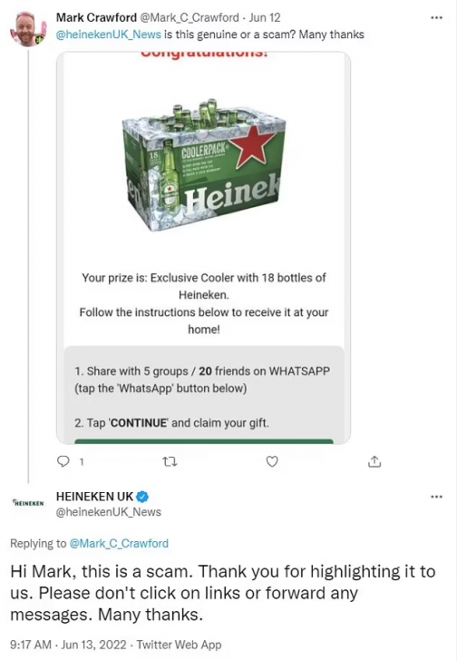 เตือนภัย ! ระวังสแกมเมอร์ส่งลิงก์ลุ้นดื่มเบียร์ฟรีผ่าน WhatsApp ต้อนรับวันพ่ออังกฤษ