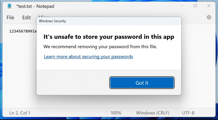 Windows 11 ออกฟีเจอร์เตือนภัยคนชอบพิมพ์รหัสผ่าน ไว้ใน Notepad