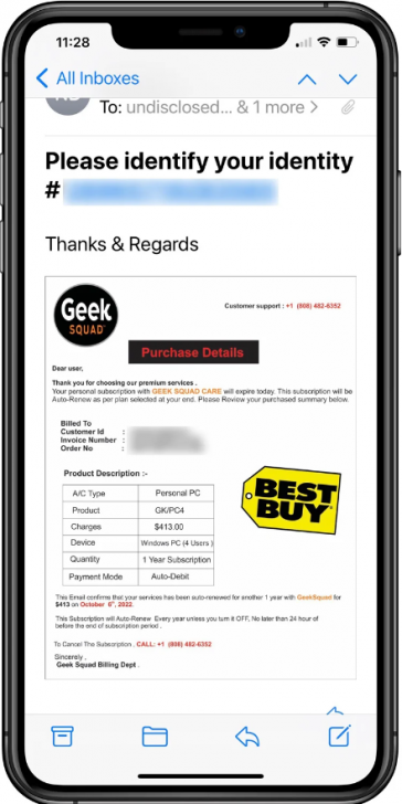 ตัวอย่างอีเมลใบแจ้งหนี้อ้างถึง Geek Squad