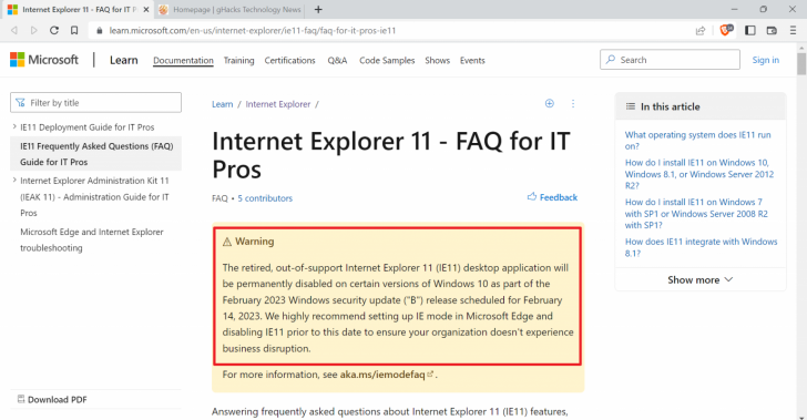 Microsoft ลั่นเส้นตาย ! ปิดตัว Internet Explorer 11 อย่างเป็นทางการ วันที่ 14 กุมภาพันธ์ 2566 