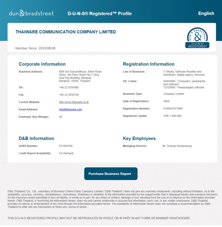 บริษัท ไทยแวร์ฯ ลงทะเบียนรับ หมายเลข D-U-N-S ยกระดับความน่าเชื่อถือธุรกิจ ในระดับโลก