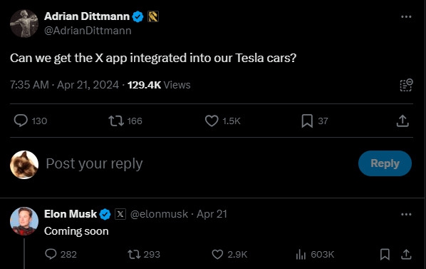 ทวีตไป ขับไป ! อีลอน มัสก์ ประกาศเตรียมเชื่อมต่อ X เข้ากับรถ Tesla เร็ว ๆ นี้