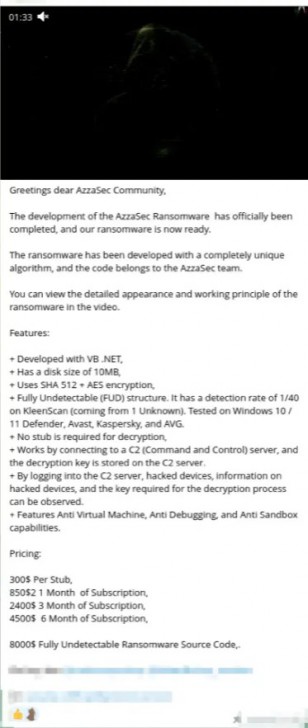 กลุ่มแฮกเกอร์ AzzaSec กร่าง! ประกาศปล่อยเครื่องมือพัฒนาแรนซัมแวร์ตัวใหม่ที่เก่งกว่าเดิม