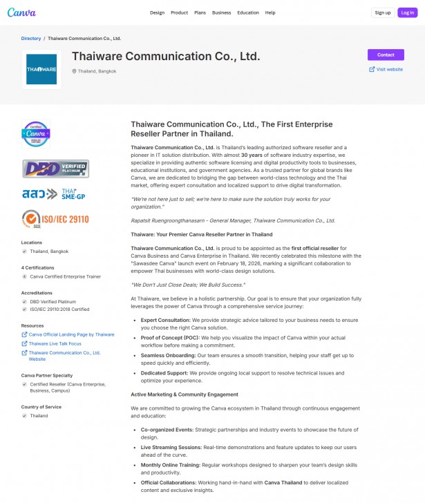 บริษัท ไทยแวร์ คอมมิวนิเคชั่น จำกัด บนระบบไดเรกทอรีพันธมิตร (Partner Directory) ที่เว็บไซต์ Canva.com