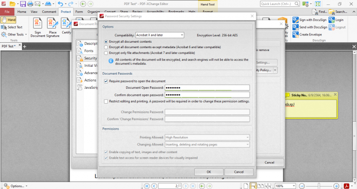 เมนู Protect บน PDF-XChange Editor
