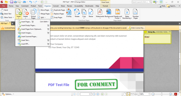 เมนู Organize บน PDF-XChange Editor