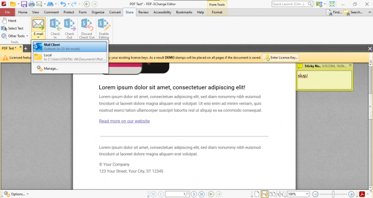 เมนู Share บน PDF-XChange Editor
