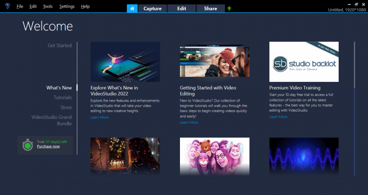 หน้าแรก (Home) ของโปรแกรมตัดต่อวิดีโอ VideoStudio