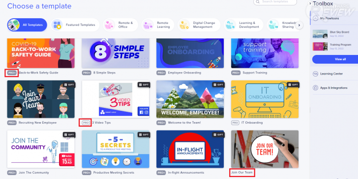 Powtoon สัดส่วนหน้านี้ มี Pro+ เกือบทั้งหมด ส่วน Pro กับ Free มีแค่หนึ่งเดียว