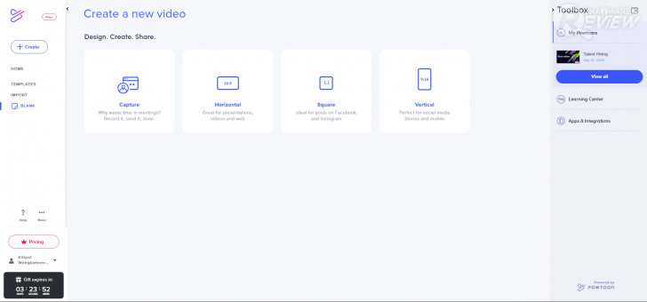 ขนาดหน้านำเสนอที่เลือกได้ของ โปรแกรม Powtoon