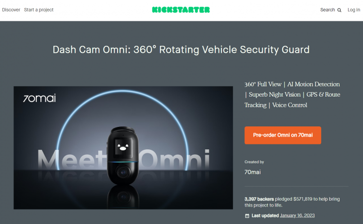 70mai Dash Cam Omni บนเว็บไซต์ kickstarter.com
