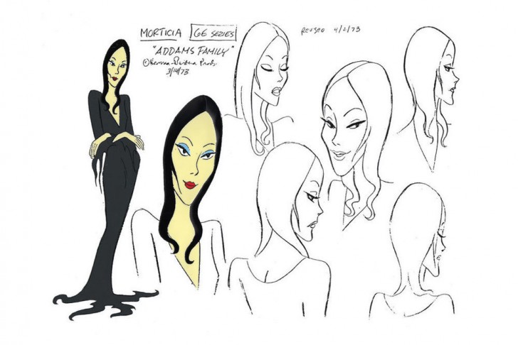 Morticia Addams ฉบับการ์ตูน The Addams Family ค.ศ. 1973 (พ.ศ. 2516) ให้เสียงพากย์โดย Janet Waldo