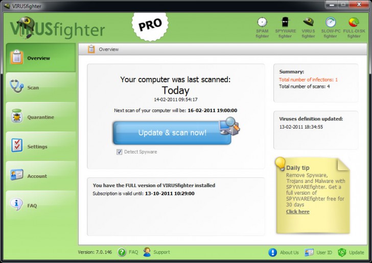 โปรแกรมแอนตี้ไวรัส VIRUSfighter Pro