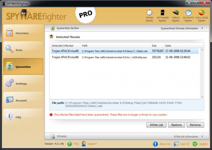 โปรแกรมกำจัดสปายแวร์ SPYWAREfighter Pro