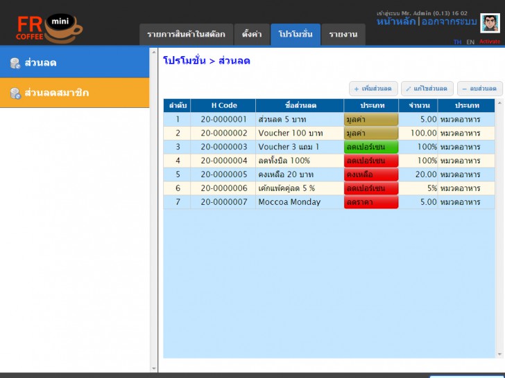 โปรแกรมร้านกาแฟ ร้านเบเกอรี่ ร้านขายขนม เครื่องดื่ม FR Coffee Mini