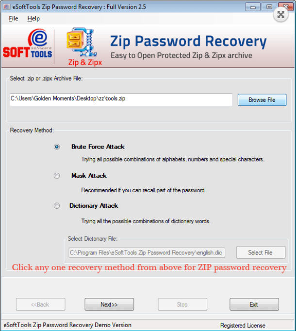 โปรแกรมกู้รหัสผ่านไฟล์บีบอัด eSoftTools ZIP Password Recovery