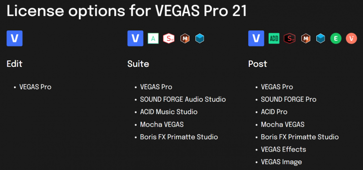 ตารางเปรียบเทียบ โปรแกรมตัดต่อวิดีโอ VEGAS ในแต่ละเวอร์ชัน