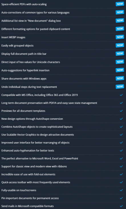 ตารางแจกแจงฟีเจอร์ โปรแกรม Office ราคาย่อมเยา Ashampoo Office 9