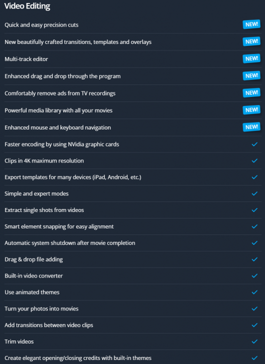 ตารางแจกแจงฟีเจอร์ โปรแกรมตัดต่อวิดีโอ Ashampoo Movie Studio Pro