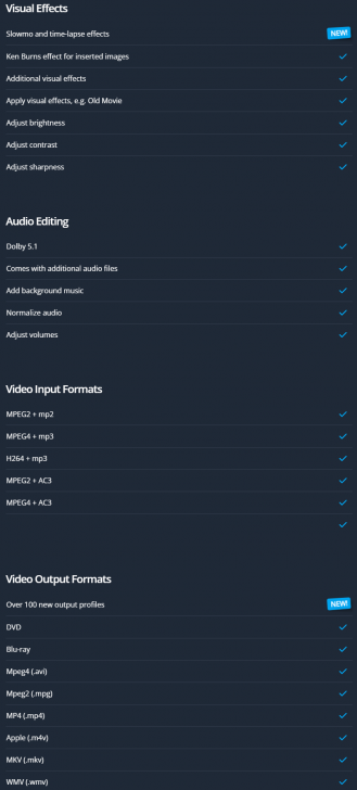 ตารางแจกแจงฟีเจอร์ โปรแกรมตัดต่อวิดีโอ Ashampoo Movie Studio Pro