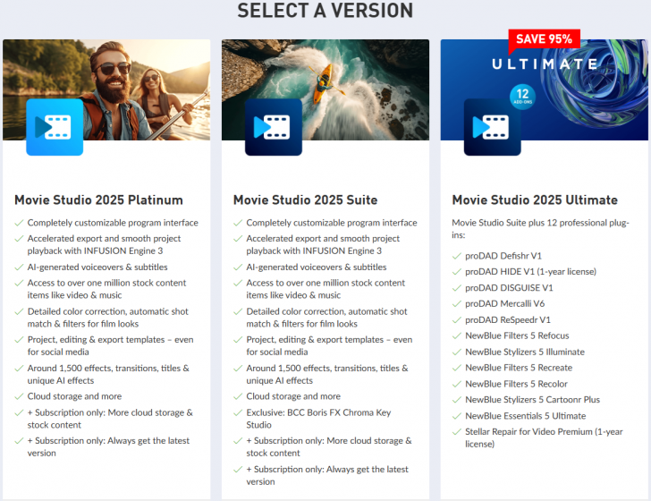 ตารางเปรียบเทียบ โปรแกรมตัดต่อวิดีโอ VEGAS Movie Studio ในแต่ละเวอร์ชัน