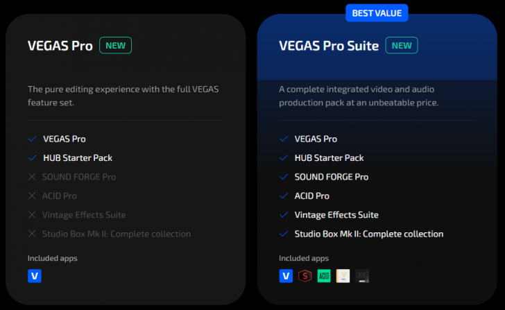 ตารางเปรียบเทียบ โปรแกรมตัดต่อวิดีโอ VEGAS ในแต่ละเวอร์ชัน