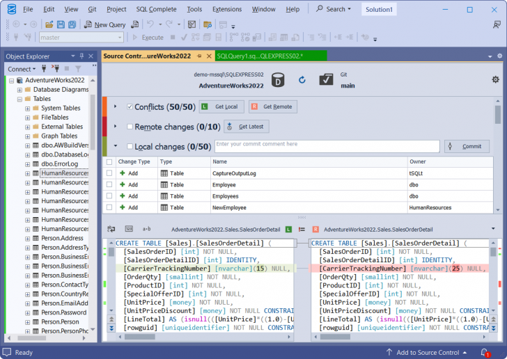 ส่วนเสริม SSMS จัดการฐานข้อมูลภายใต้ระบบควบคุมเวอร์ชัน Devart dbForge Source Control for SQL Server Standard
