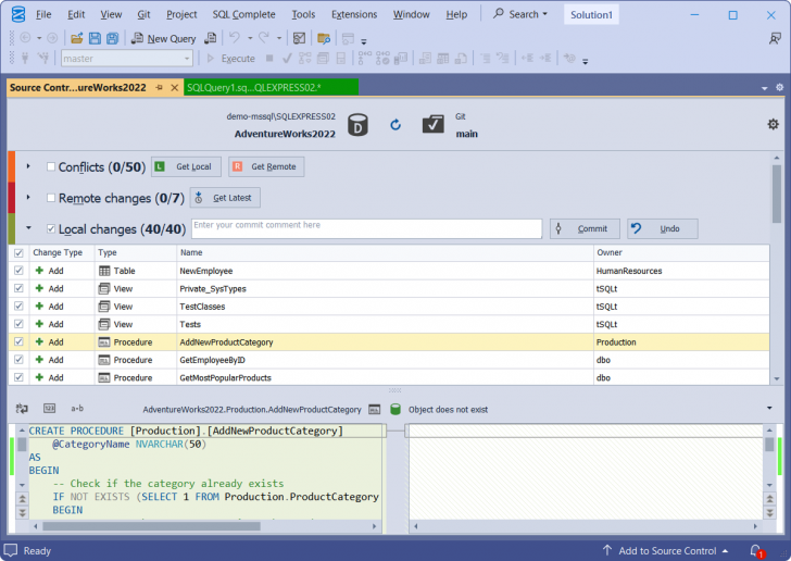 ส่วนเสริม SSMS จัดการฐานข้อมูลภายใต้ระบบควบคุมเวอร์ชัน Devart dbForge Source Control for SQL Server Standard