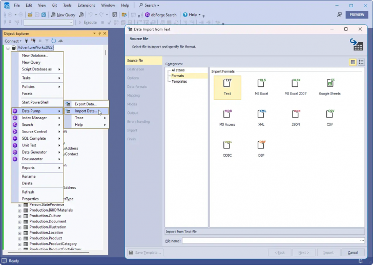 ส่วนเสริม SSMS ส่งออกและนำเข้าข้อมูล Devart dbForge Data Pump for SQL Server Standard
