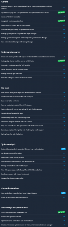 ตารางแจกแจงฟีเจอร์ โปรแกรม Ashampoo WinOptimizer