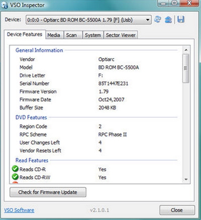 VSO Inspector (โปรแกรม VSO Inspector ดูรายละเอียด ไดร์ฟ CD DVD Blu-ray) : VSO Inspector (โปรแกรม VSO Inspector ดูรายละเอียด ไดร์ฟ CD DVD Blu-ray) :
