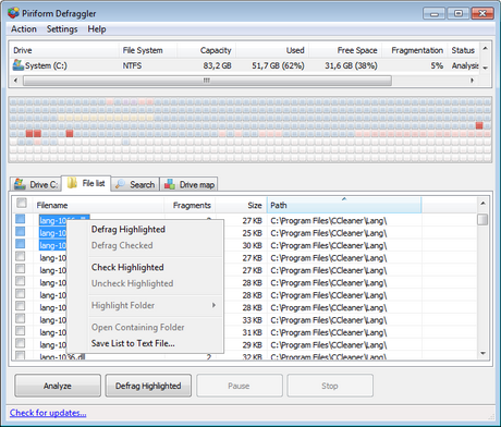 โปรแกรมจัดเรียงข้อมูล Defraggler โปรแกรมจัดเรียงข้อมูล Defraggler
