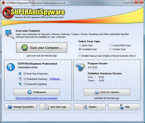 โปรแกรมกำจัดสปายแวร์ SUPERAntiSpyware โปรแกรมกำจัดสปายแวร์ SUPERAntiSpyware