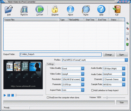 โปรแกรมแปลงไฟล์ Allok Video to iPod Converter