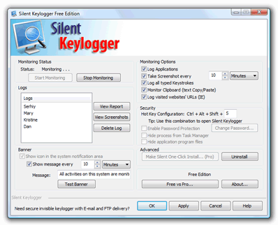 โปรแกรมดักคีย์บอร์ด Silent Keylogger Free Edition โปรแกรมดักคีย์บอร์ด Silent Keylogger Free Edition