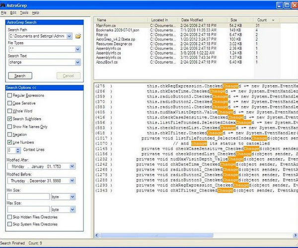 โปรแกรมค้นหาไฟล์ AstroGrep