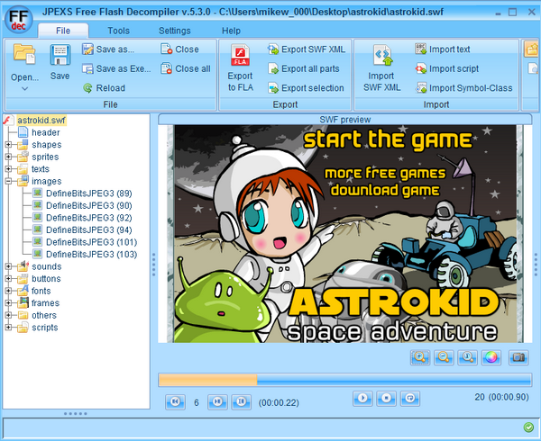 โปรแกรมดึงข้อมูลจากไฟล์แฟลช JPEXS Free Flash Decompiler 