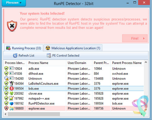 โปรแกรมตรวจมัลแวร์ Phrozen RunPE Detector
