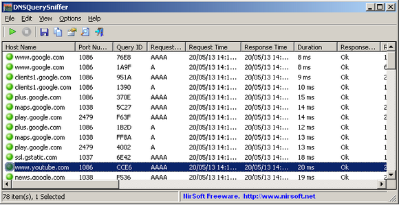 โปรแกรมเน็ตเวิร์ค DNSQuerySniffer