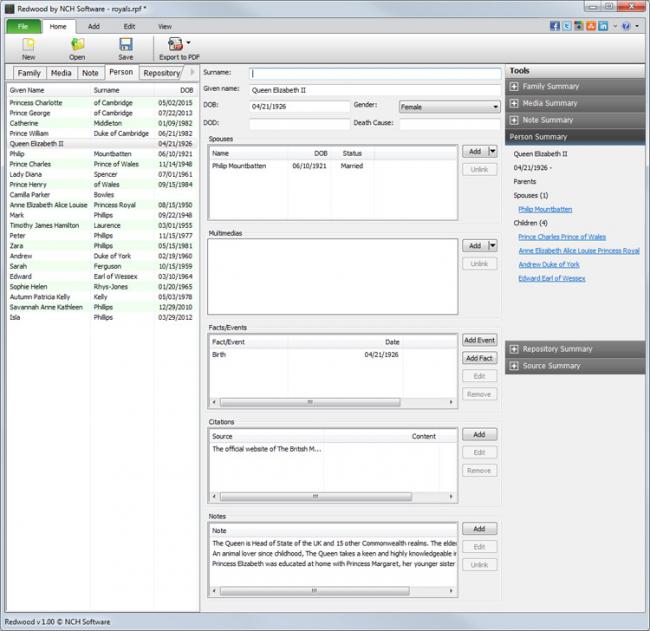 โปรแกรมสร้างแผนภูมิเครือญาติ Redwood Family Tree โปรแกรมสร้างแผนภูมิเครือญาติ Redwood Family Tree