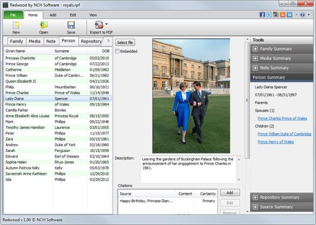 โปรแกรมสร้างแผนภูมิเครือญาติ Redwood Family Tree โปรแกรมสร้างแผนภูมิเครือญาติ Redwood Family Tree