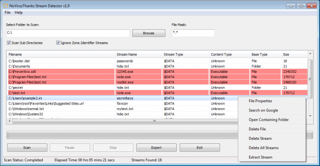 โปรแกรมค้นหาจัดการไฟล์ซ่อนเร้น Stream Detector โปรแกรมค้นหาจัดการไฟล์ซ่อนเร้น Stream Detector