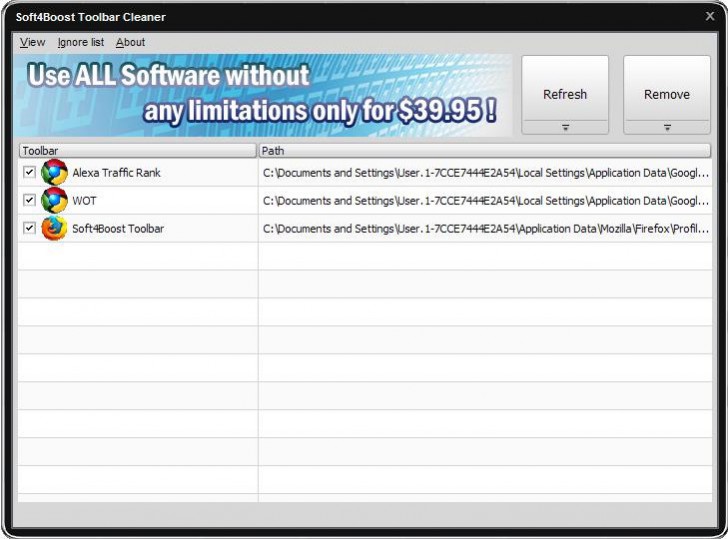 โปรแกรมลบปลั๊กอินเว็บเบราว์เซอร์ Soft4Boost Toolbar Cleaner